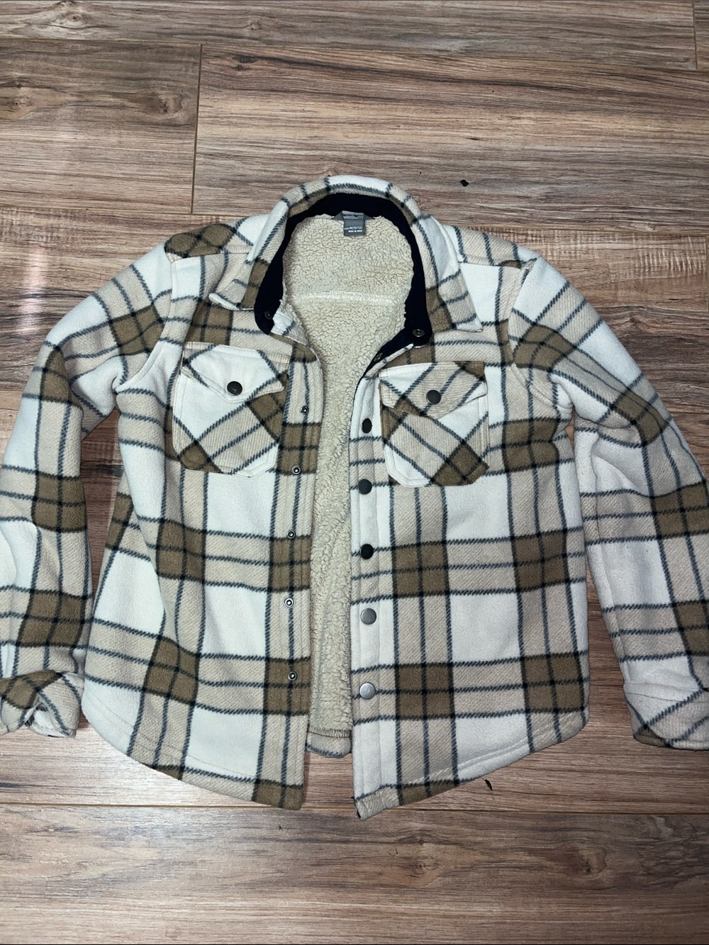 10/12 Eddie Bower Girls Plaid Sherpa-Lined Shacket in Cream and Tan